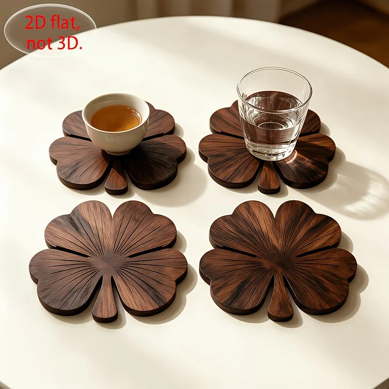 4Pcs 2D Flat Clover Wooden Coasters, Walnut‑Tone Desktop Protector Set for Coffee Tea Drinking Cups