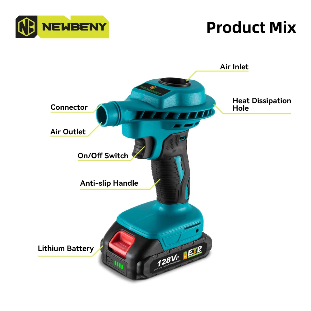 NEWBENY-ventilador de aire inalámbrico, soplador de succión de doble uso, inflador de limpieza al vacío, herramientas eléctricas recargables para