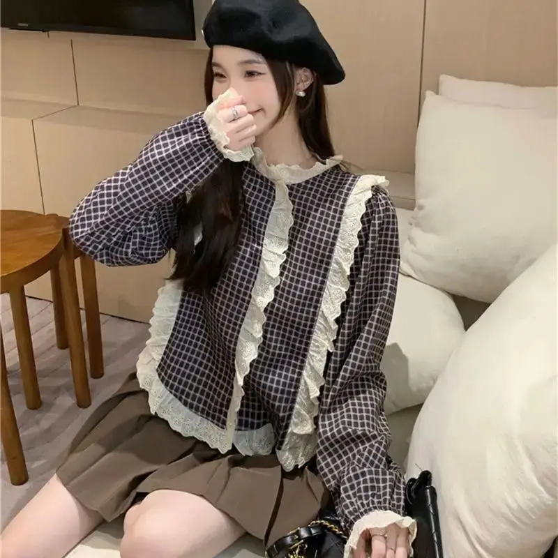 

French Plaid Shirt Sweet Lace Long Sleeve Autumn Winter New Design Feel Loose Slim Bubble Shirt Female