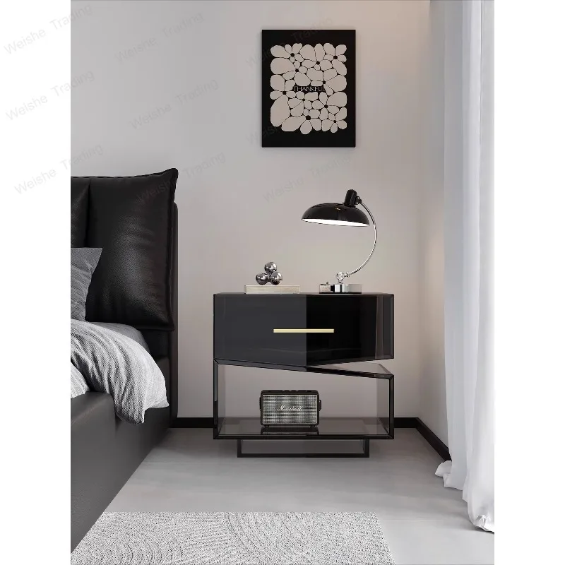 Italian minimalist bedside table light luxury high-end sense home bedroom black bedside table design sense niche