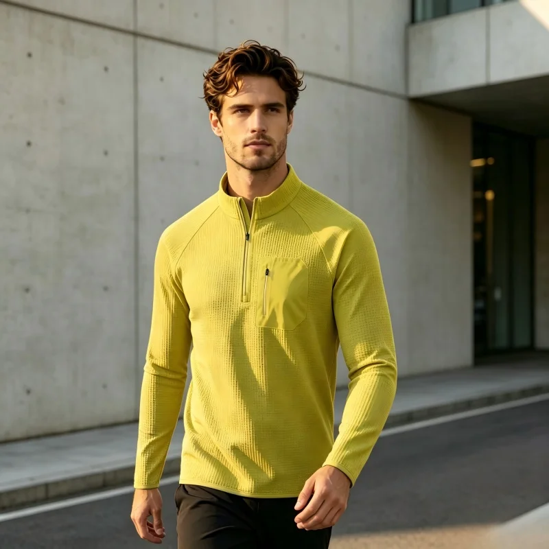 Herren Langarm-T-Shirt mit halbem Reißverschluss, atmungsaktiv, schnelltrocknend, knitterfrei, strapazierfähig, mit dekorativer Tasche, Herbstmode, neue Herrenbekleidung – Detail 13