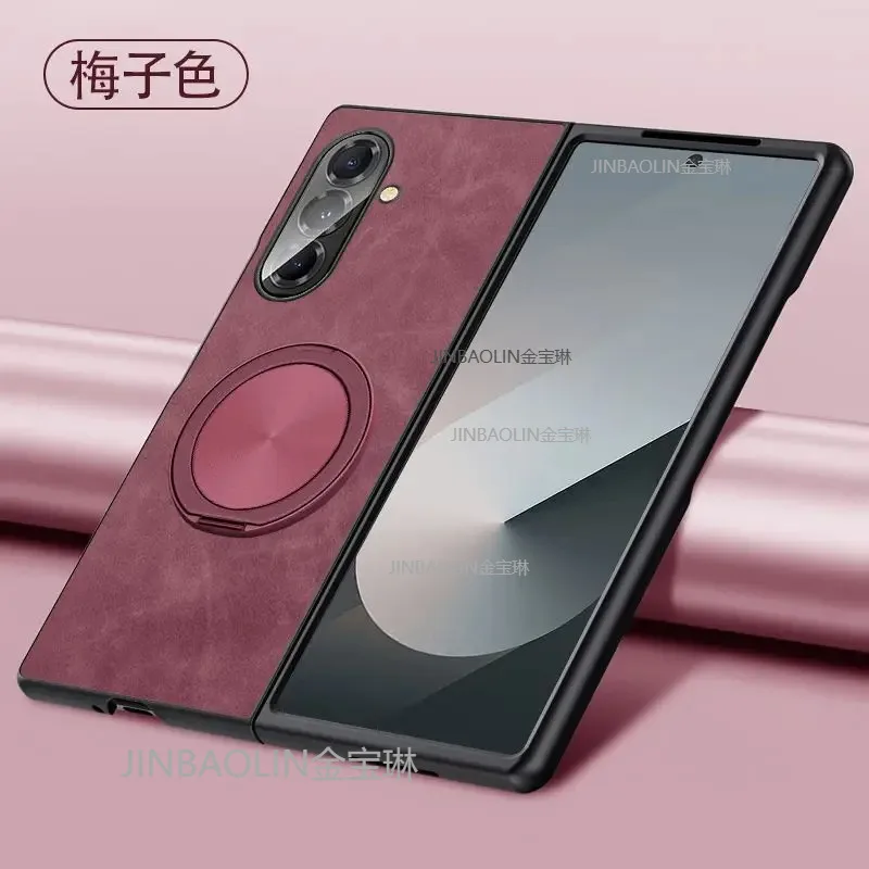 

For Samsung Galaxy Z Fold 7 6 5 4 3 Case Protective Sheep Leather Magsafe Rotate Ring Holder Anti-Scrach Back Cover