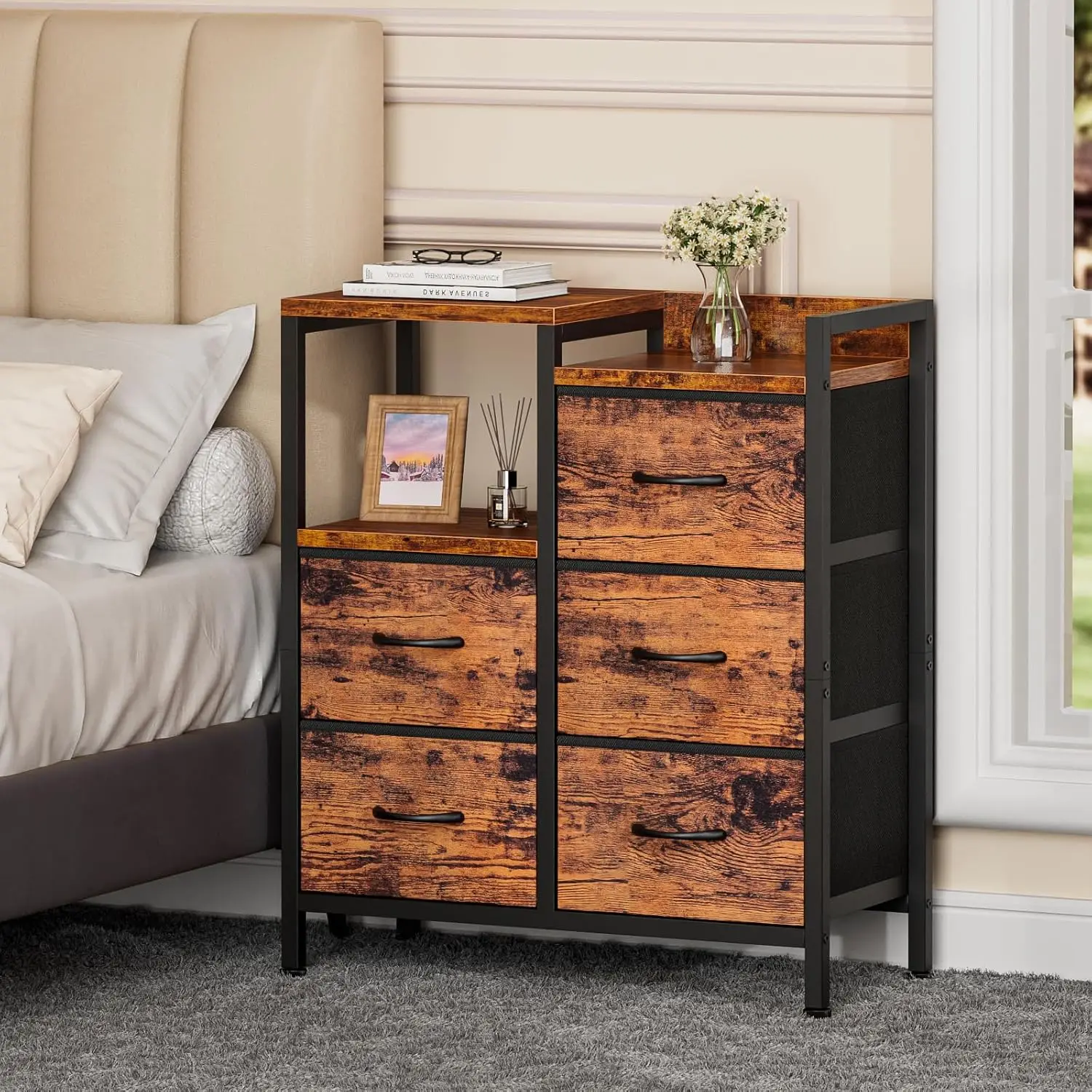 

Industrial Dresser for Bedroom, Small Storage Unit Organizer with 5 Fabric Drawers and 2-Tier Side Shelves, End Table/Nightstand