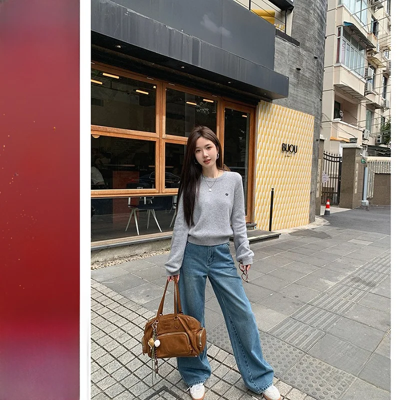 

Широкие джинсовые брюки с высокой талией, ретро-дизайн, женские свободные джинсы с разрезом, осенняя цена IBELL ZHANG