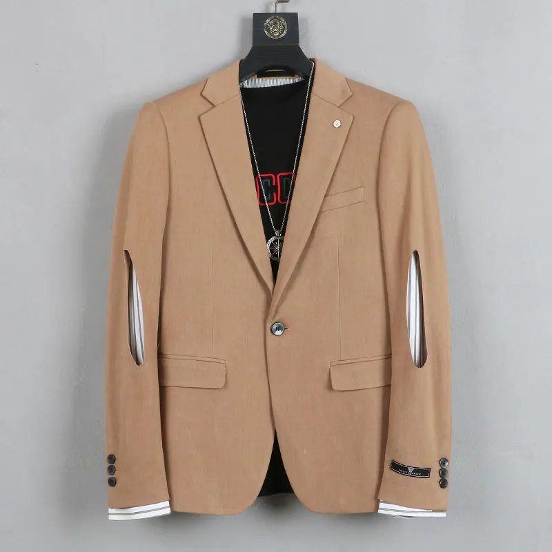 

Autumn Men Blazer Stitching Stripe Fake Two One-button Suit Jacket Long-sleeved Casual Costume Homme Fashion Apricot Coat