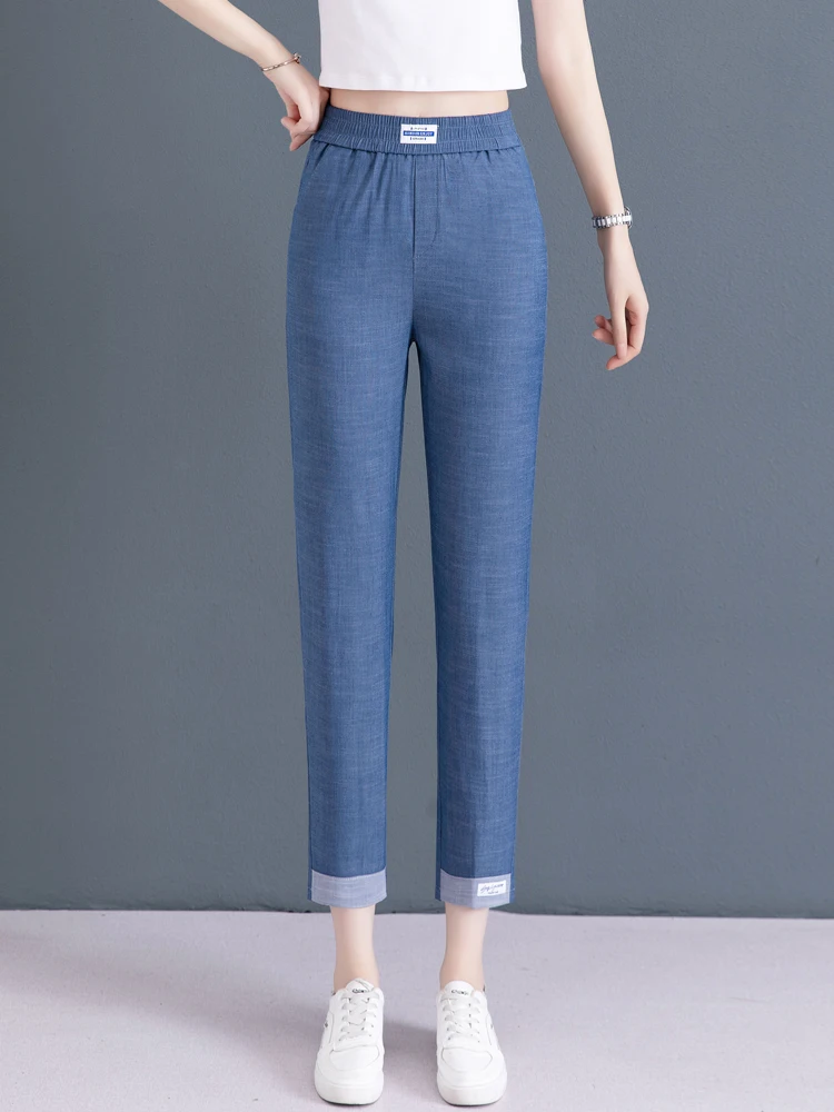 

High Waist Loose Fit Ice Silk Denim Pants Women's Summer New Style Nine Points Jeans Casual Style Polyester Fiber