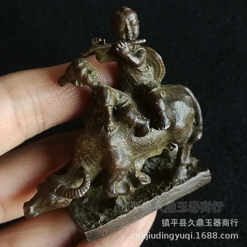 Antique Bronzeware: Bronze Figurine of a Boy Herding Cattle, Small Decorative Piece for Home and Office