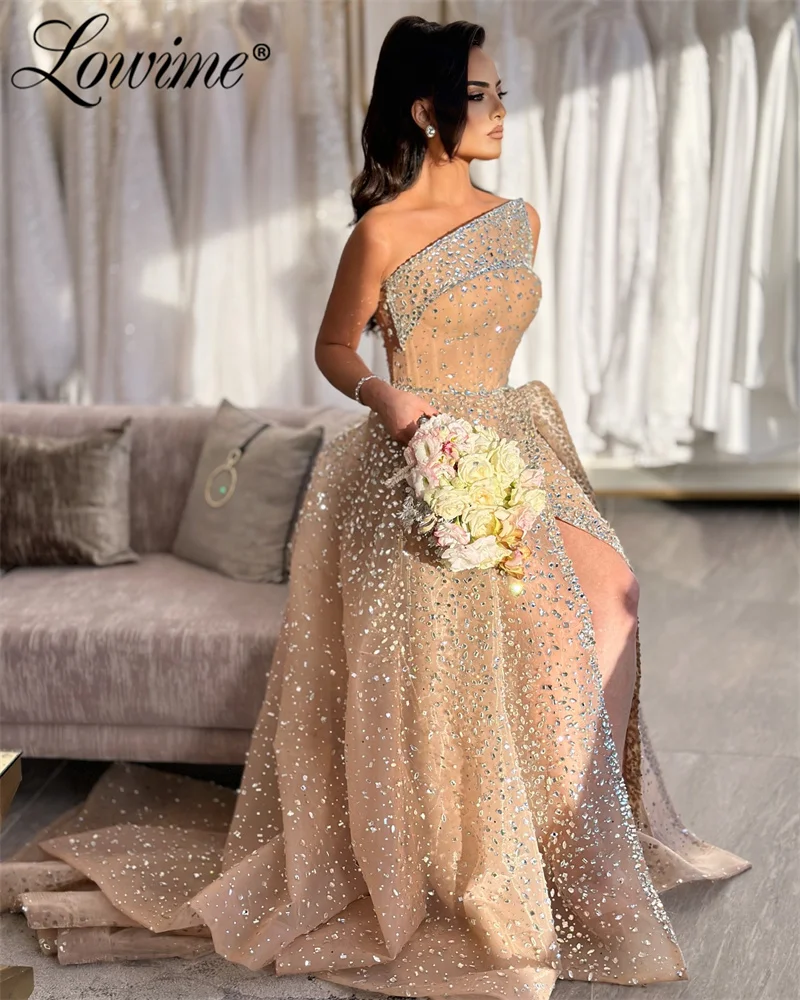 Heavy Crystals Celebrity Dresses Luxury Arabic Evening Dress 2024 Couture Prom Party Gowns For Weddings With High Split Side