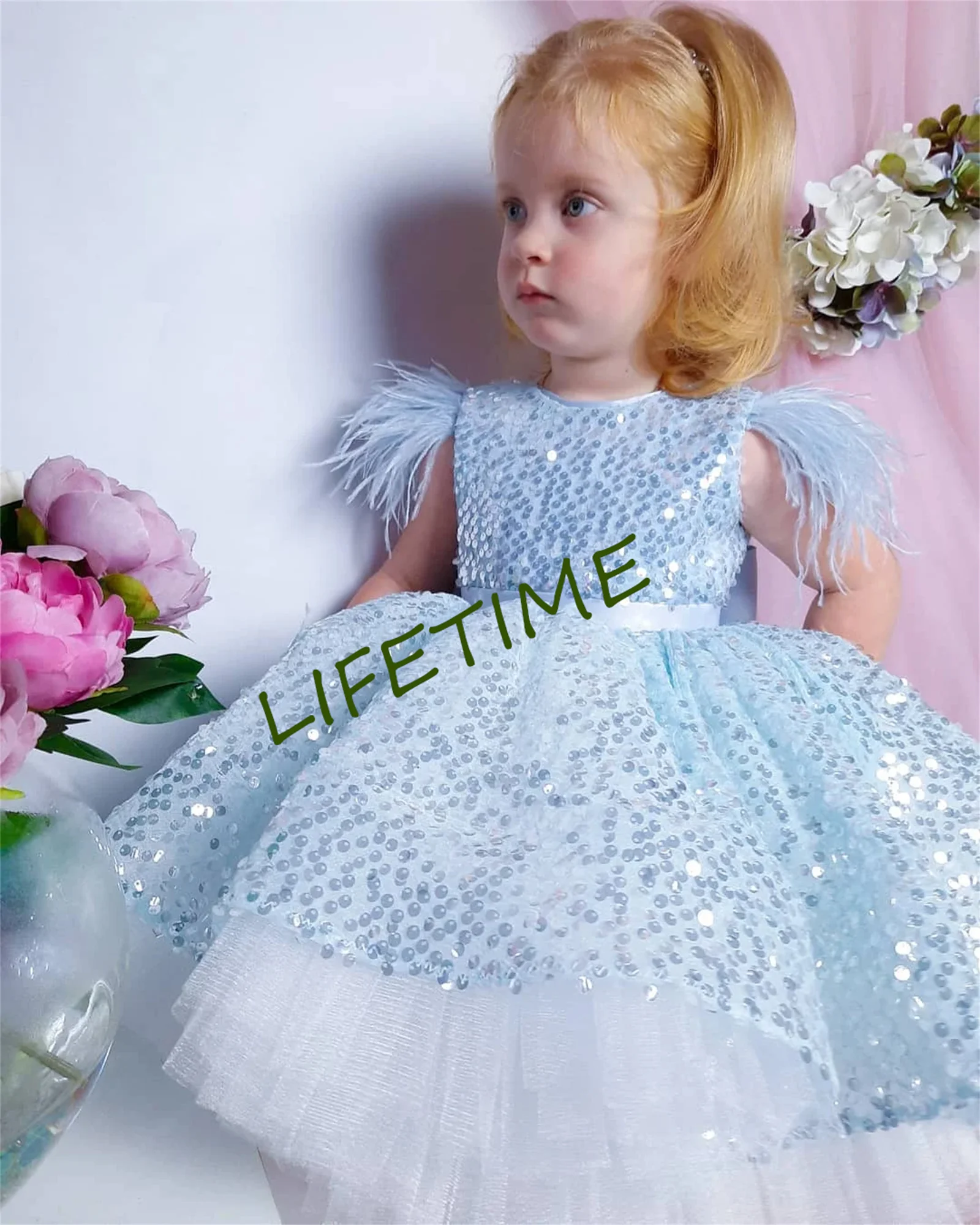 Blue Tulle Flower Girl Dress Beads Feather with Bow Sparkly Glitter Evening Birthday Party Ball Gown First Communion Wear