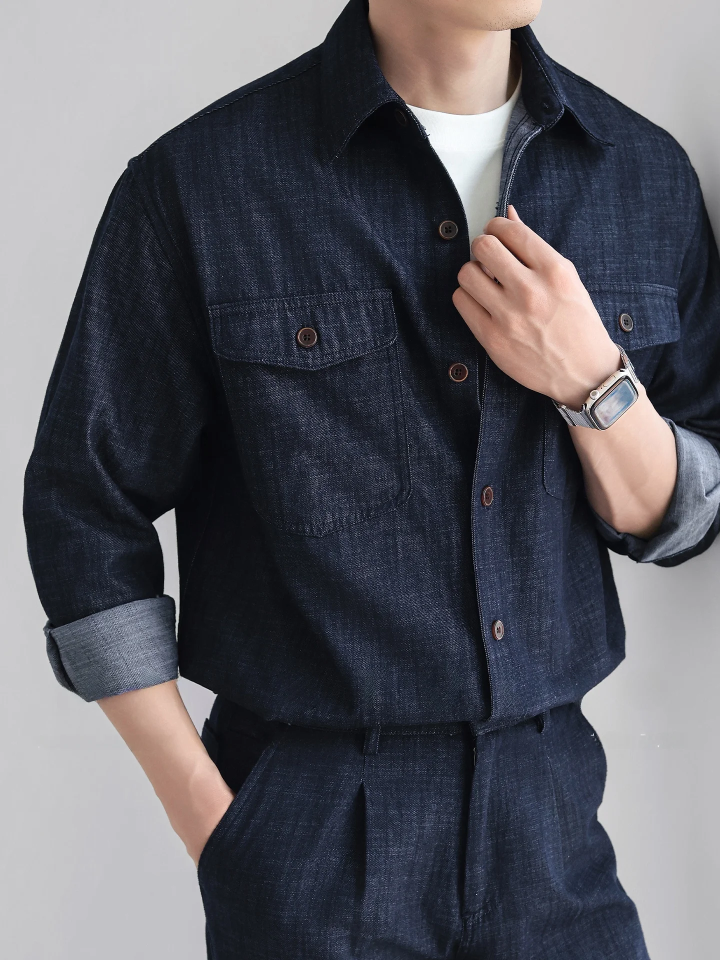 Casual Washed Denim Shirt Men's Loose Commuter Fashion Urban Style Breathable Polyester Cotton Long Sleeve Button up Jacket