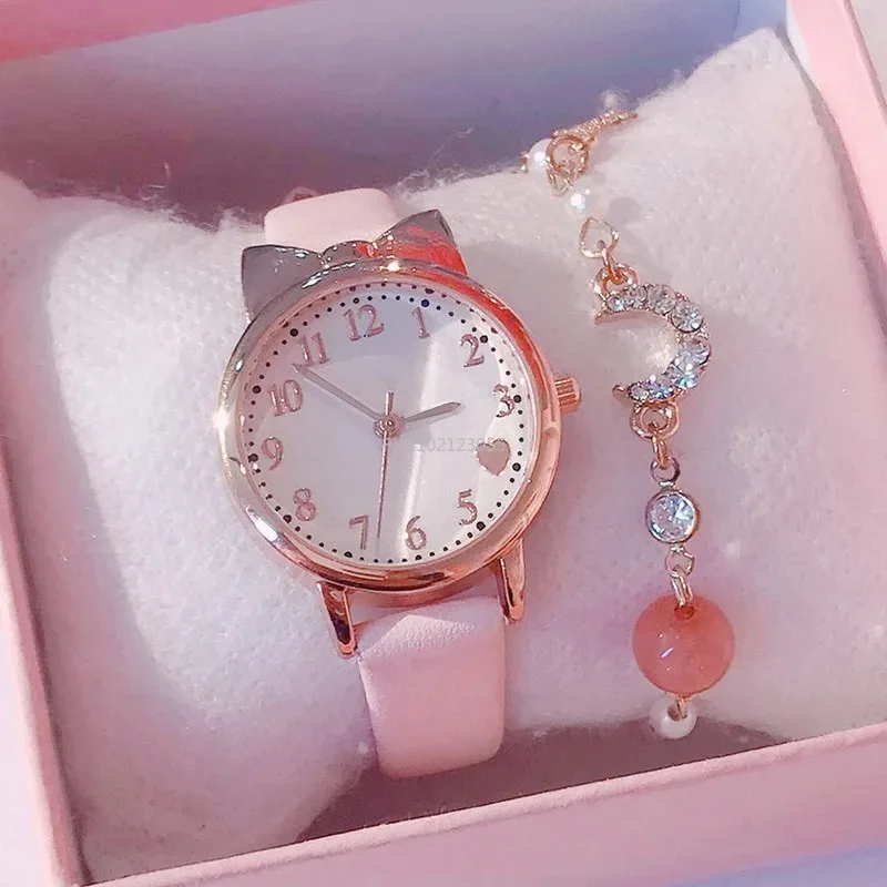 جديد أزياء الأطفال الطلب الرقمي لطيف آذان القط الأطفال ووتش مجموعة حزام من الجلد ساعات الكوارتز الفتيات على مدار الساعة هدية #1