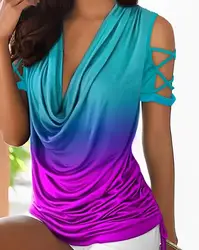 Women's Fashion T-Shirt 2024 Summer Latest Casual Ombre Tie Dye Drawstring Cutout Cowl Neck Sleeveless Ruched Daily Top Blouse