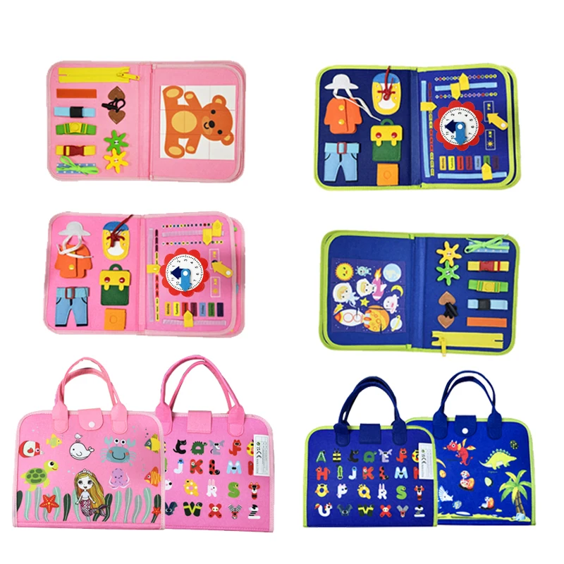 Juguete de viaje para niños, tablero ocupado silencioso de actividad de fieltro, un libro educativo de aprendizaje sensorial para movimientos de mano de vestir básicos