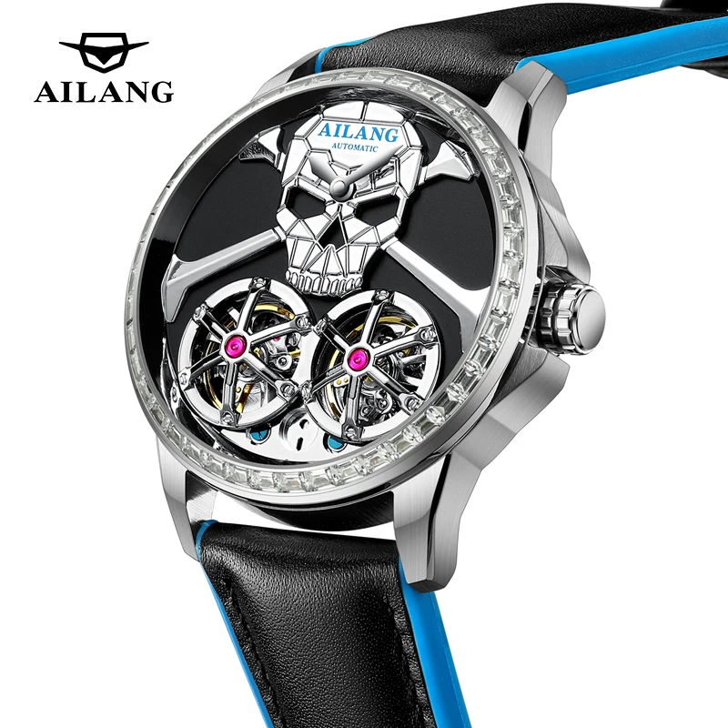 

AILANG Luxury Diamond Bezel Mechanical Watch Men High-End Leather Waterproof Punk Steam Skull Automatic Double Tourbillon Watch