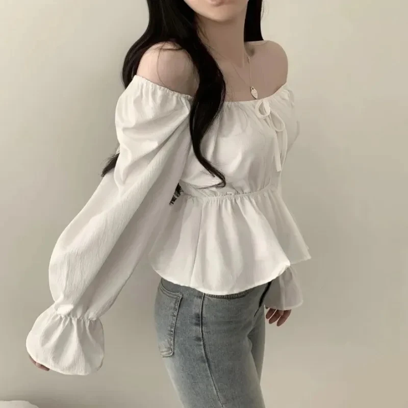 Elegant Bow Tied Flared Long Sleeve Women Blouse Square Neck Slim Waist Belt Shirt Korean Style Ruffle Casual White Tops Blusas