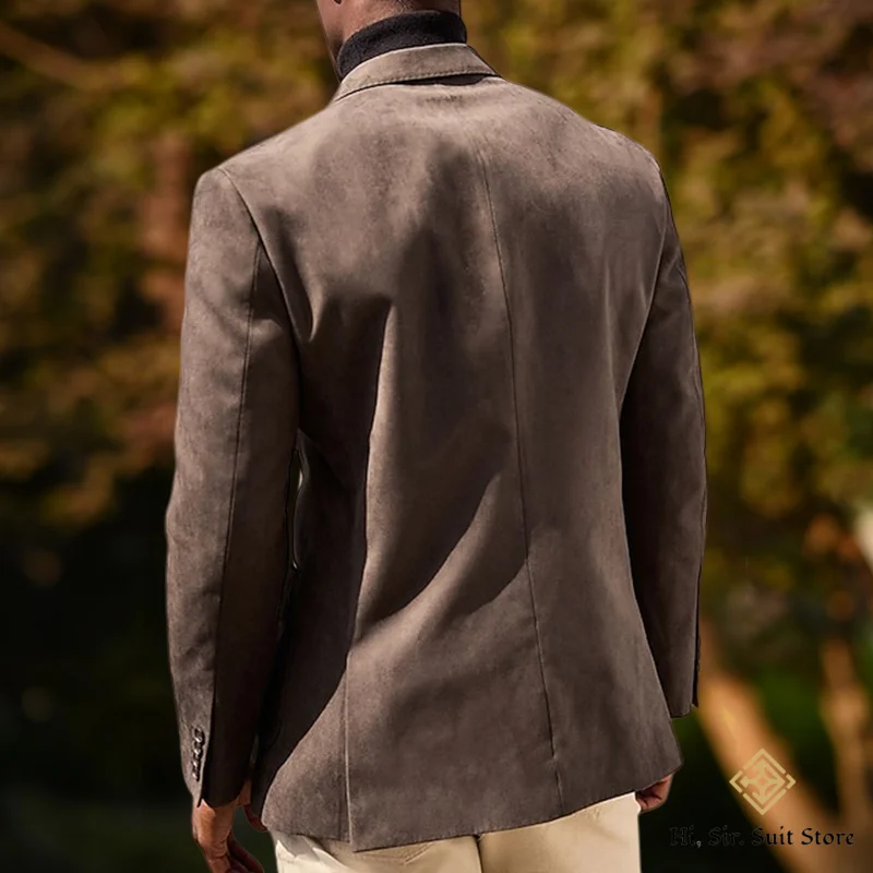 ملابس خارجية للرجال لخريف/شتاء من جلد الغزال المخملي غير رسمية بقصة ضيقة وطية صدر مدببة سترة واحدة الصدر مصممة بدلة رجالية على الطراز الأوروبي #5