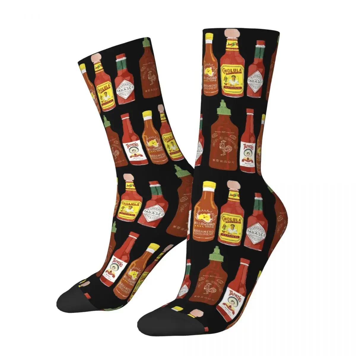 Spicy! Check Out These Hot Sauces On Black Background Socks Harajuku Super Soft Stockings All Season Long Socks Accessories