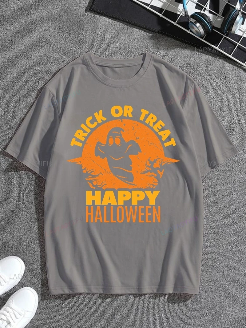 TRICK OR TREAT, Halloween Party Gift Stylish Men's Shirt, Men's Casual Everyday Wear, 0-neck Short-sleeved Cotton T-shirt