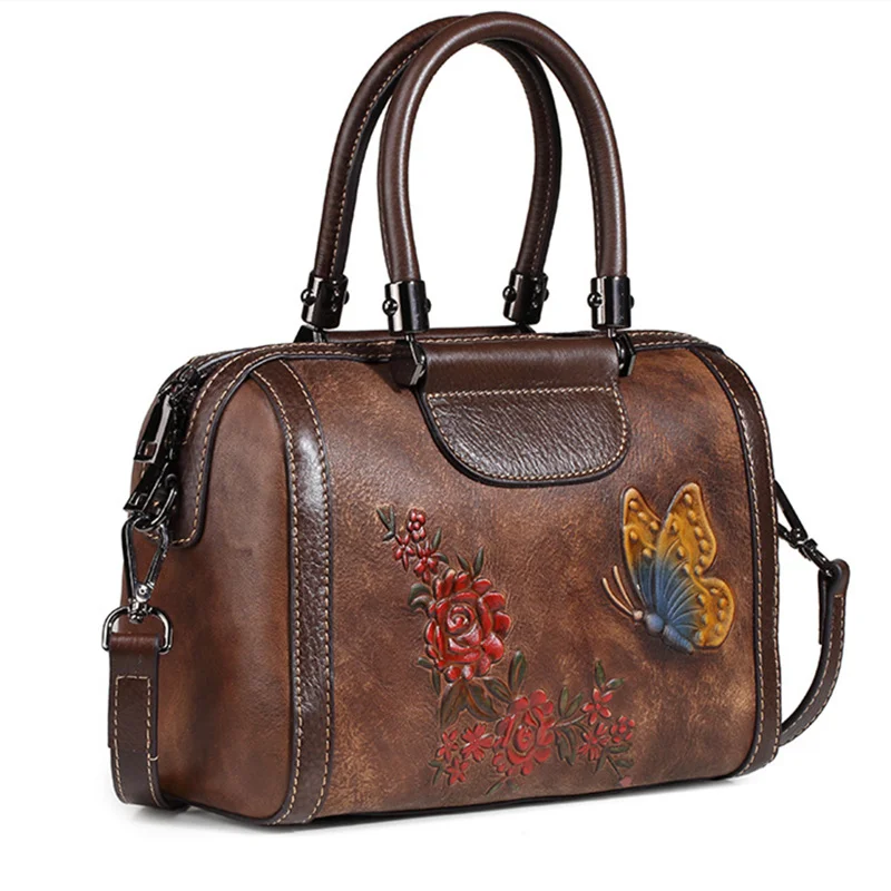 High Quality Embossed Shoulder Messenger Female Hobo Tote Bags Women Handbag Genuine Leather Cross Body Top Handle Floral Bag