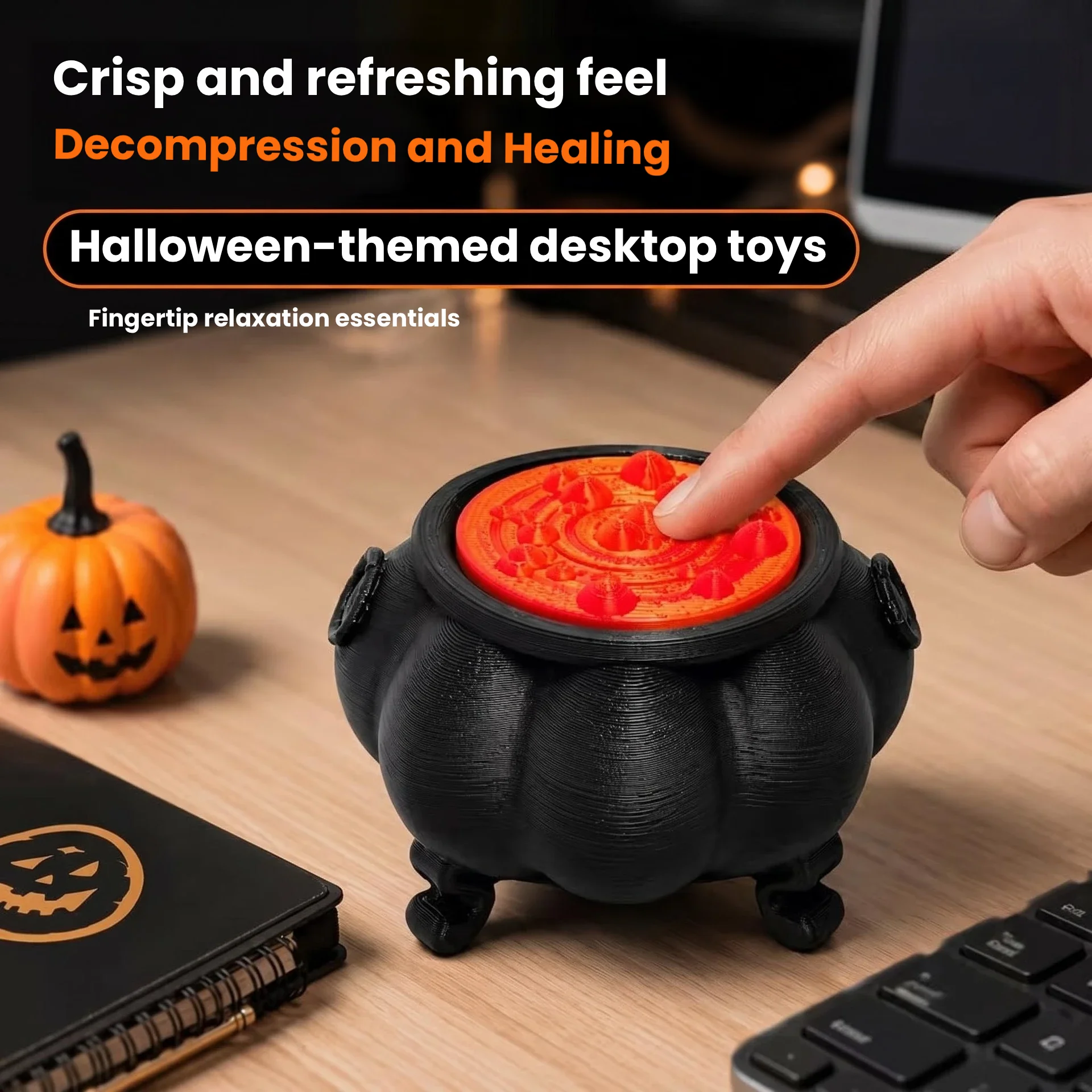 Retro Black Pumpkin Witch Cauldron 3D Printed Bubbling Magic Potion Lid Ornament Halloween Party Tabletop Decoration Home Gift