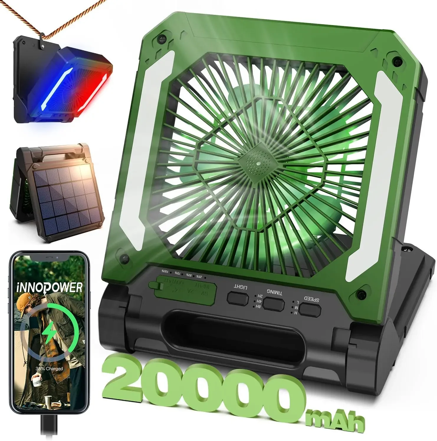 

Rechargeable Solar Camping Fan - Powerful 20000mAh Capacity, Cordless Battery Powered Fan with Lantern, 3 Speeds, Timer, PowerBa