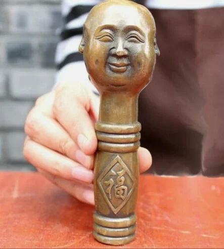 Brass Four-Face Buddha Head Walking Stick Cane Handle Top Topper