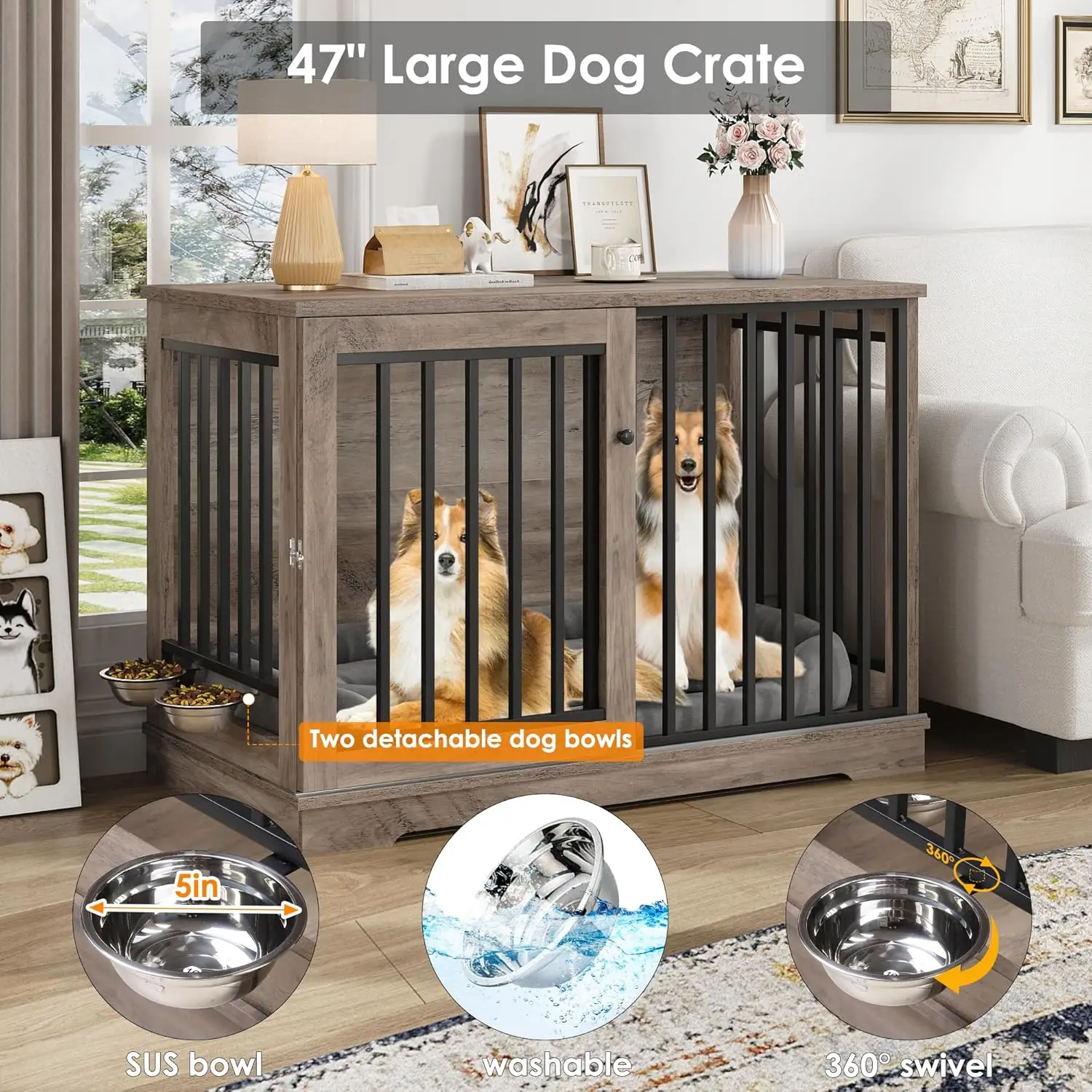 Dog Crate Furniture 47” Large Dog Kennel for Dogs Indoor Heavy Duty Dog Cage with Sliding Door and 2 SUS Bowls Wooden