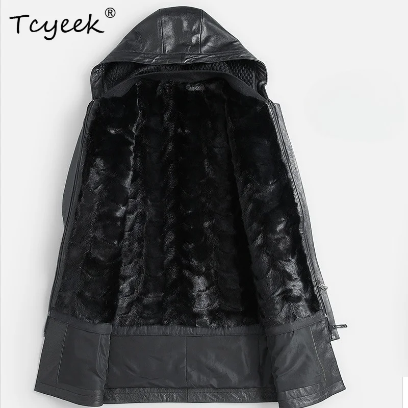 Tcyeek Goatskin Real Leather Jacket Men Mid-length Trench Coat Man Patchwork Mink Liner Detachable Real Fur Coat Winter Clothes