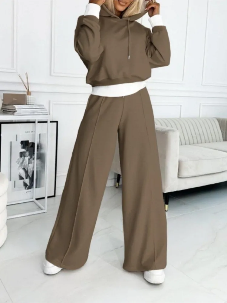 

2025 Autumn New Women Clothing Solid Color Fashion Fake Two-Piece Casual Cap Sweatshirt Wide Leg Pants Conjunto Dos Piezas Mujer