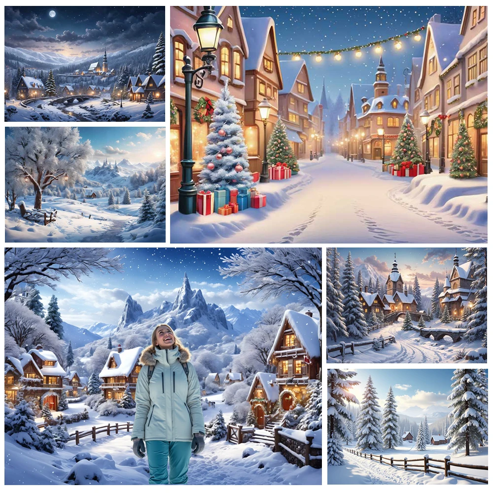 

MOON.QG New Year Christmas Village Decoration Backdrop Winter Tree Gift Town Backgrounds for Photographs Photo Studio Poster