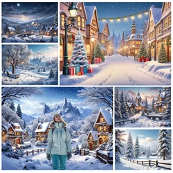 MOON.QG 2024 Merry Christmas Village Backdrop Trees Gifts 2025 New Year Decoration Photography Background Photozone Studio Props