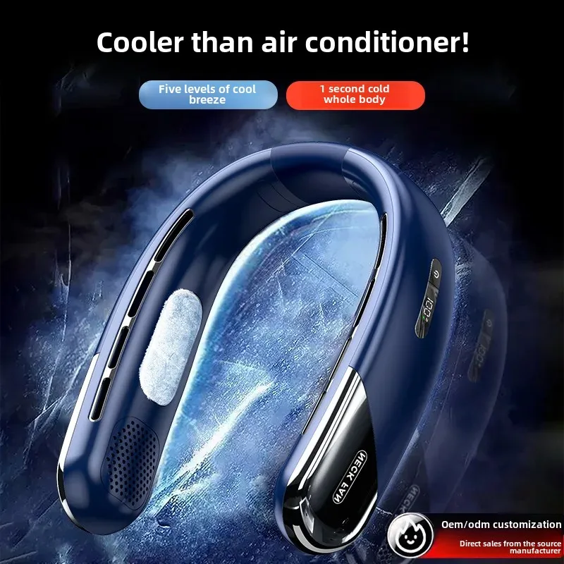 2025 Новый трансграничный подвесной шейный вентилятор без листьев с USB, мини-портативный зарядный дисплей, уличный охлаждающий вентилятор