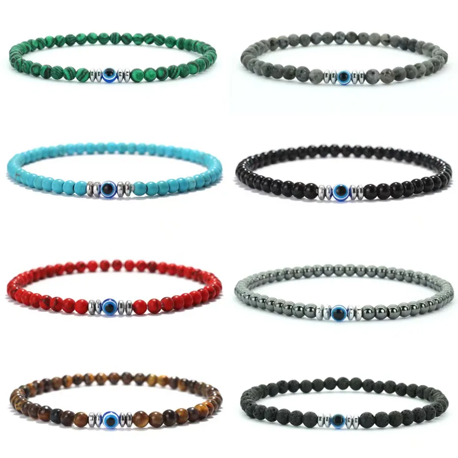 Pulsera Simple de ojo de diablo de Turquía para hombres y mujeres, pulsera elástica de piedra de obsidiana de hematita turquesa Natural de 4mm, joyería para meditación
