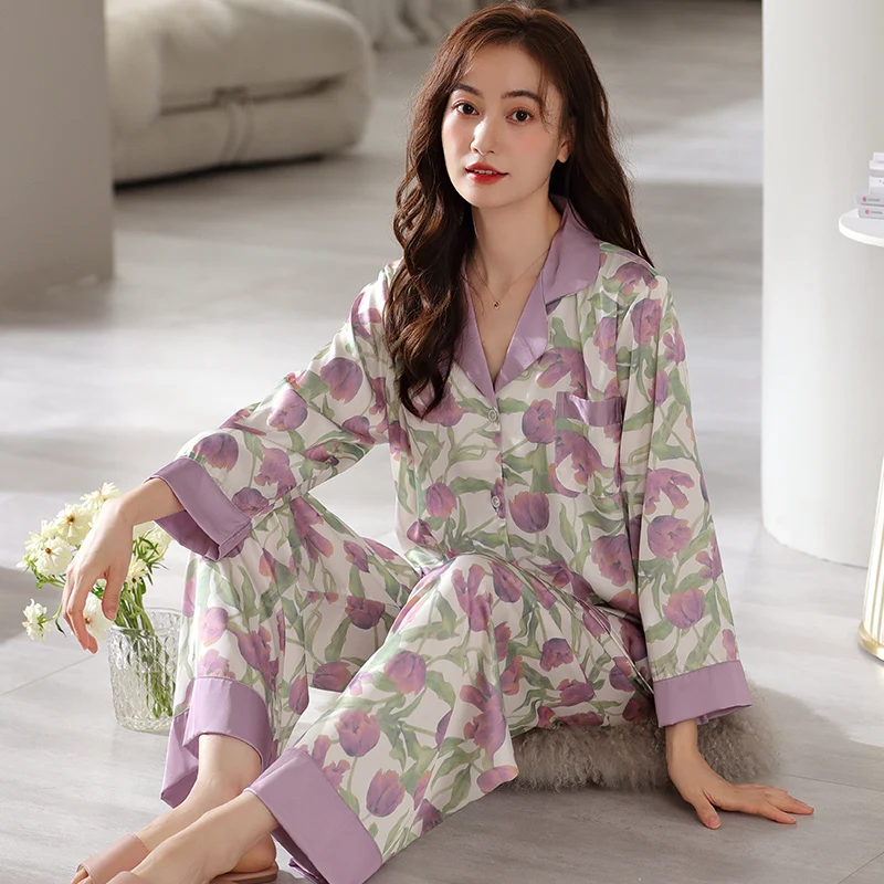 Women's Pajamas Set Spring and Autumn Silk Home Wear Women Turn-down Collar Long Sleeve Home Clothes