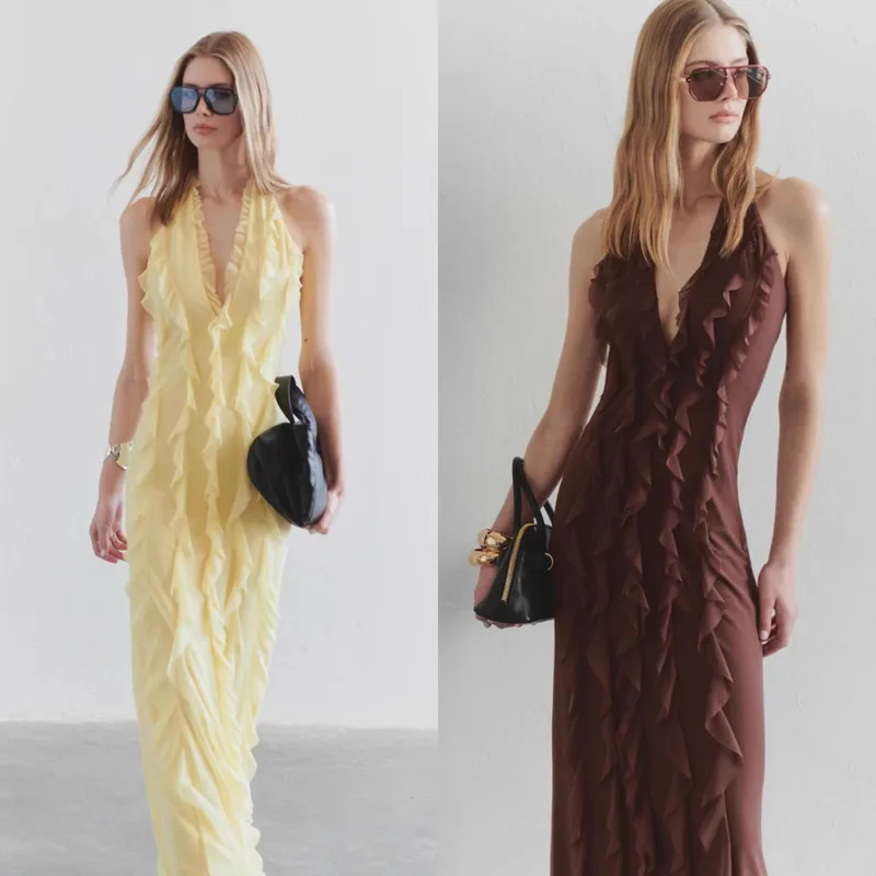 

Sexy V-neck Backless Bodycon A-line Dress Solid Color Tie-waist Ruffled Strapless Dress Summer Fashion Women's Vacation Dresses
