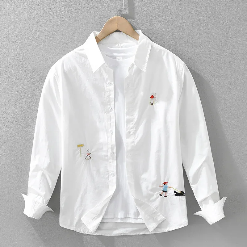 

Мужская свежая рубашка с длинным рукавом, модный мультяшный узор, вышитые художественные британские стильные рабочие рубашки-карго из чистого хлопка, топы