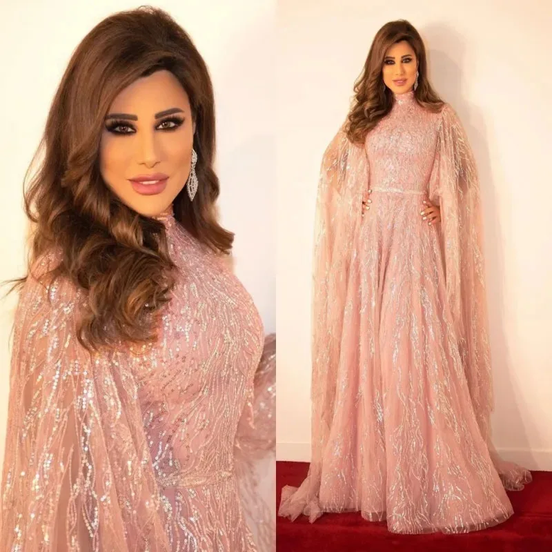 

Customized Luxury Evening Dresses With Wrap Lace Appliques Sequins Beading Prom Dress Saudi Arabia Party Gowns Robe de soiree