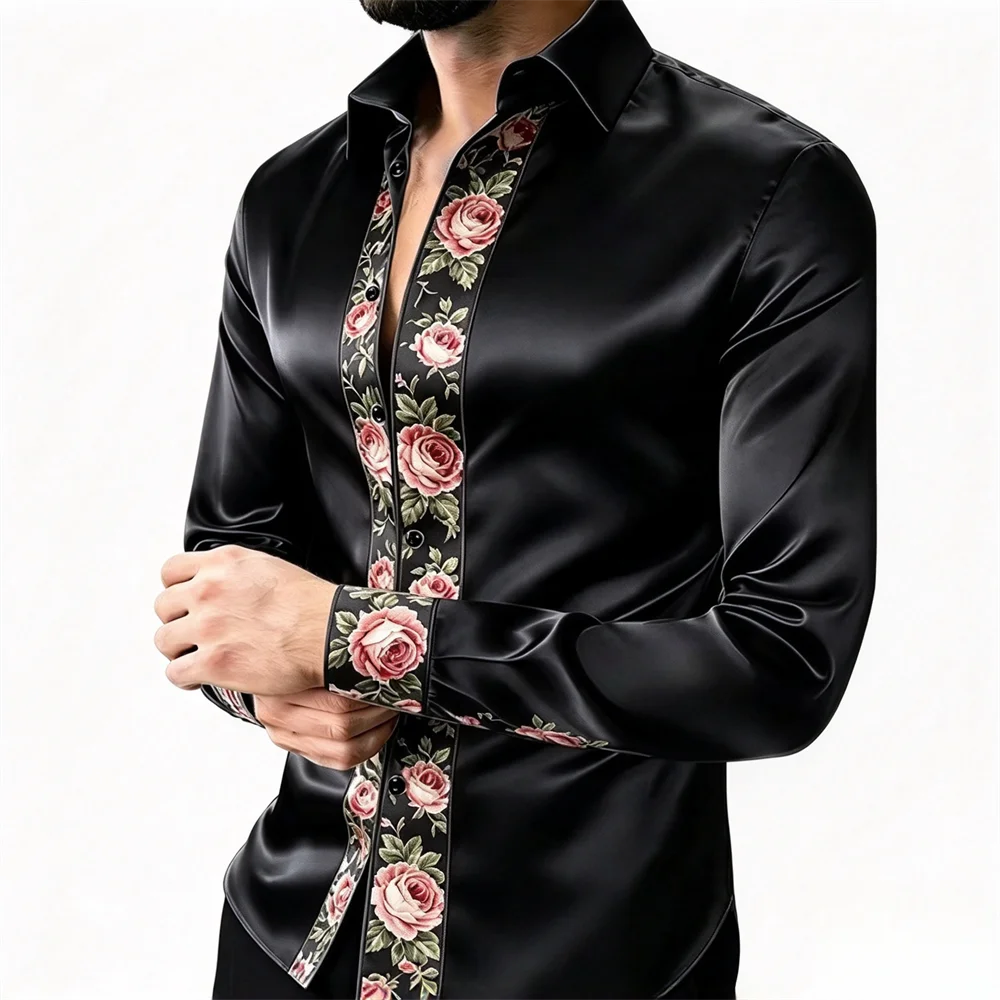 Men Firework Star Print Satin Shirt Glossy Long Sleeve Button Up Party Shirt