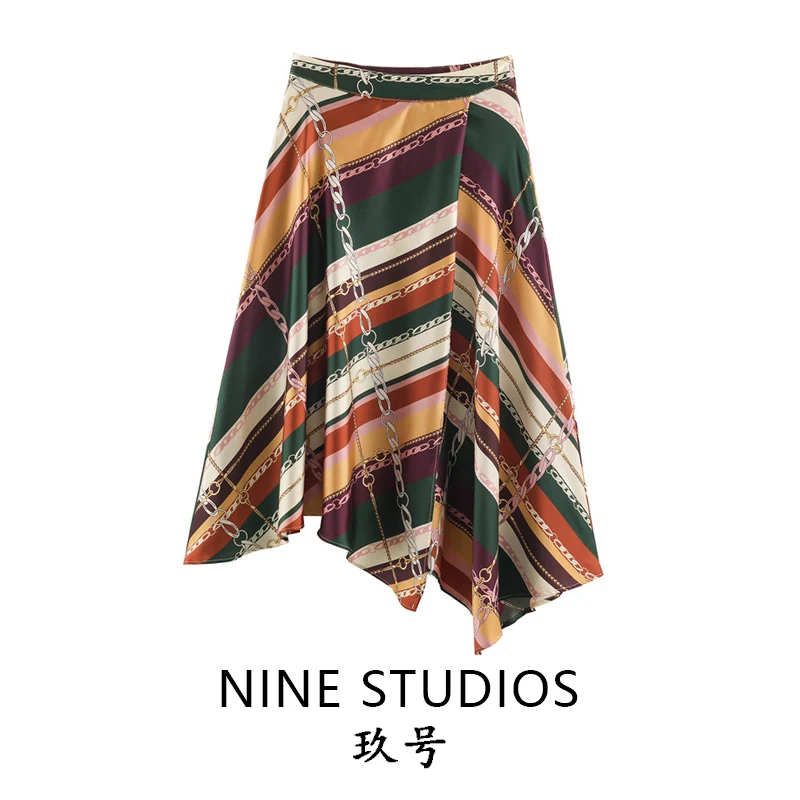 Asymmetric High Waist Casual Skirt Women's Print Half-length A-Line Skirt Non-symmetric Chain Design Ladies' Fashion