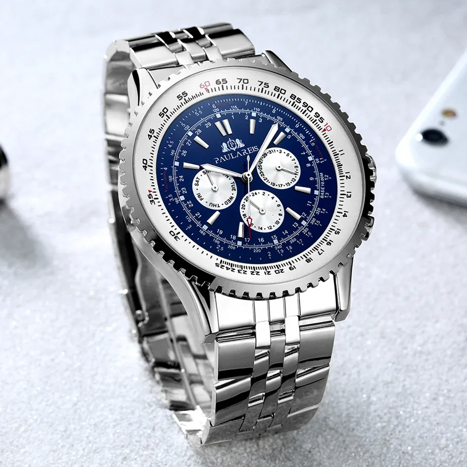 التلقائية الميكانيكية الذاتي الرياح الجلود أزياء رياضية أزرق أسود أبيض كبير 50mm أزياء الرجال ووتش