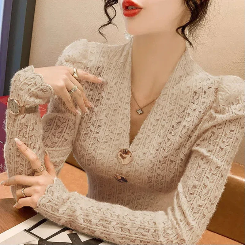 Spring Autumn Solid Color V-neck Long Sleeve Blouse Women High Street Hollow Lace Pullovers Elegant Slim Vintage All-match Tops