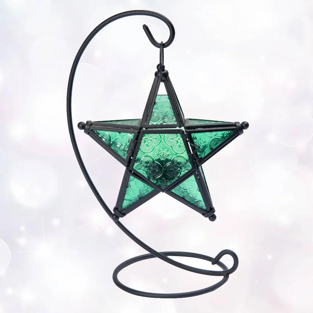 

Pentagram Design Aromatherapy Candlestick Essential Oil Burner with Iron Base Green Glass Tea Light Holder for Home Decor