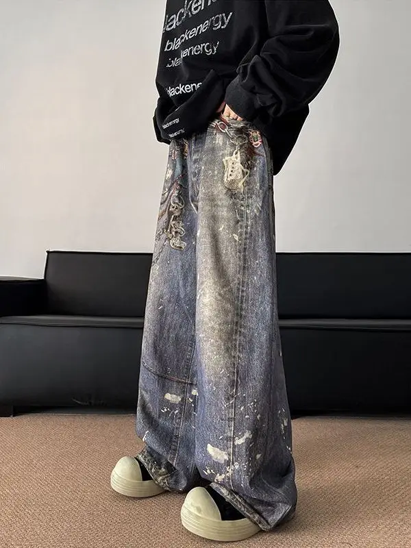 

Мужские джинсы прямого кроя больших размеров с высокой талией, из денима, свободного кроя, повседневные брюки, осенняя новинка, стильный американский дизайн