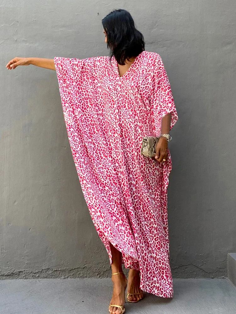 Boho Leopard Print Women Long Dress Swimwear Cover-ups Rayon Kimono Kaftan 2023 Summer Bikini Cover Up Female Dresses Beachwear