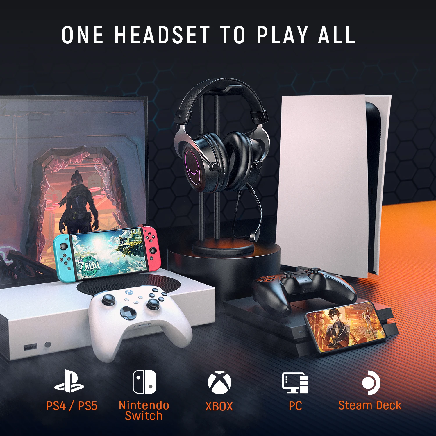 FIFINE 게임용 RGB 헤드셋, 라인 제어, 분리형 마이크, PC,PS4, 5, 스위치, Xbox, 모바일용, 3.5mm 오버이어 헤드폰, AMPLIGAME H3