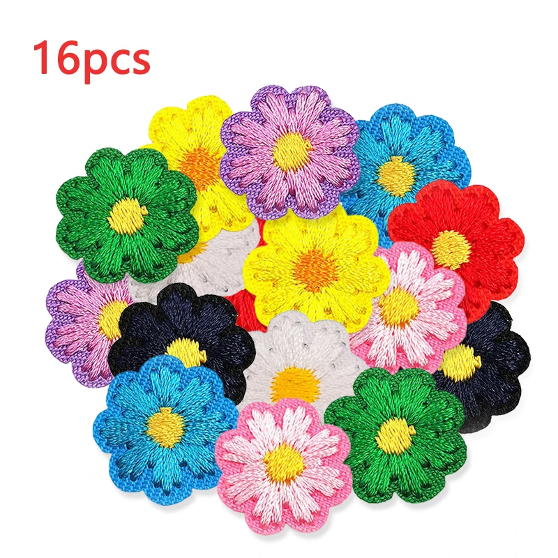 16 Pcs Flower Lot Embroidered Patches For Clothing Small Stripes Fabrics Iron On Bulk Mix Pack Sew Sets Parches Mochila Jacket