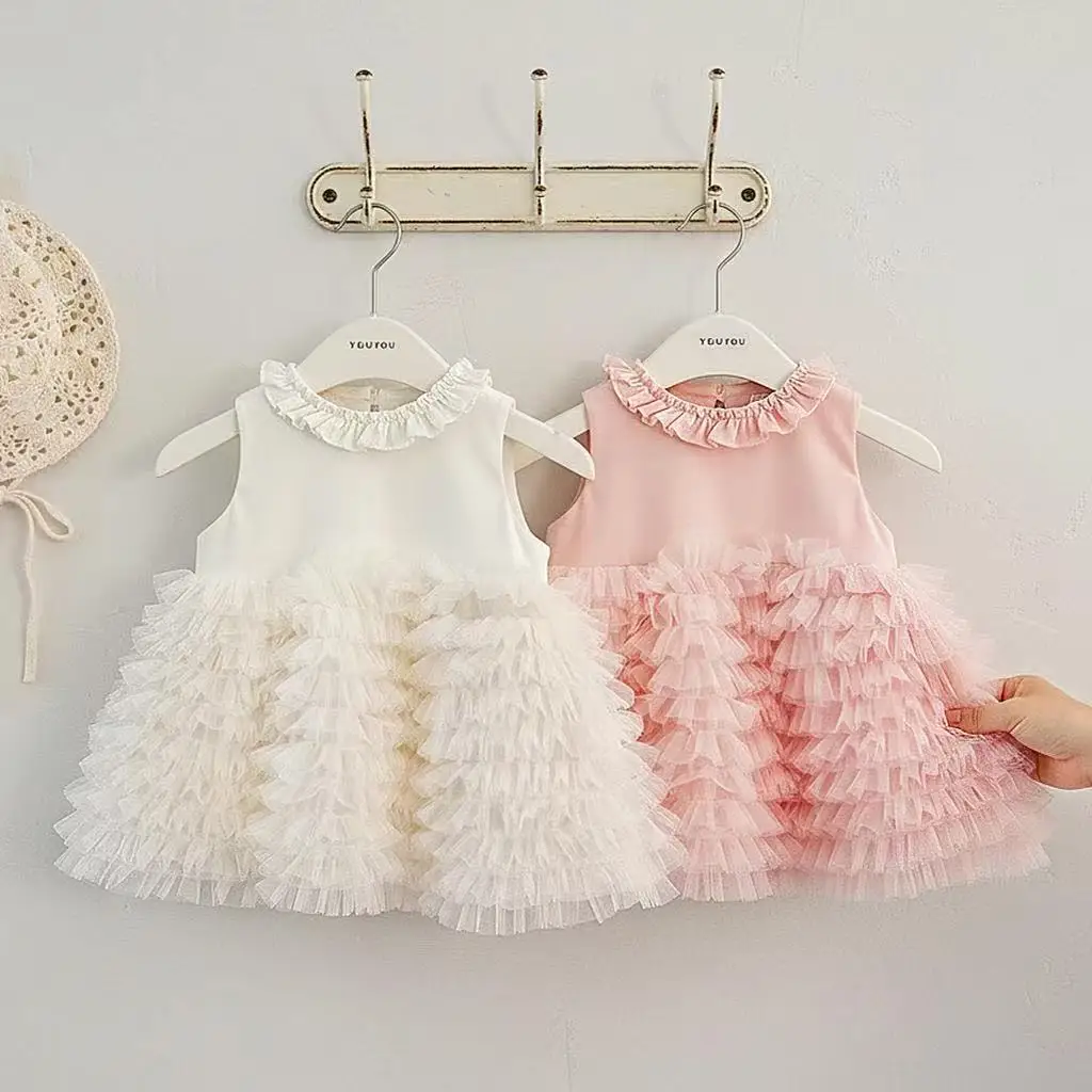 

Solid Color Elegant Sleeveless Dress Fluffy Tiered Cake Princess Dress for Baby Girls 1st Birthday for 80-120CM