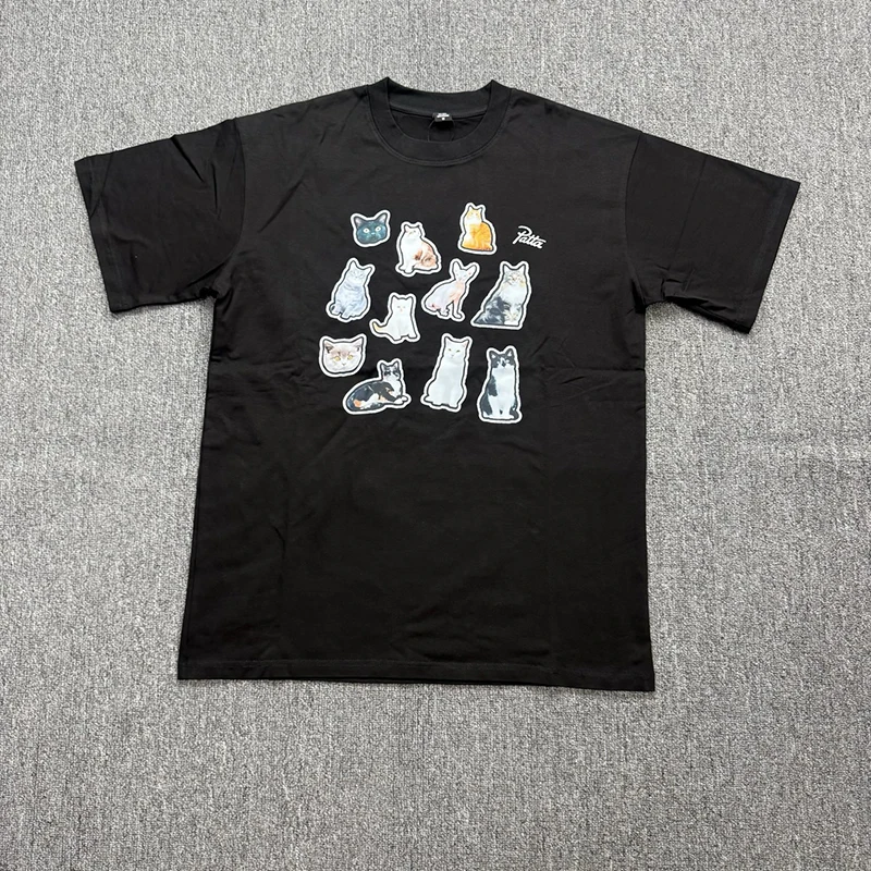 PATTA Streetwear Cat Family Print T Shirt Black Crew Neck Short Sleeve Top