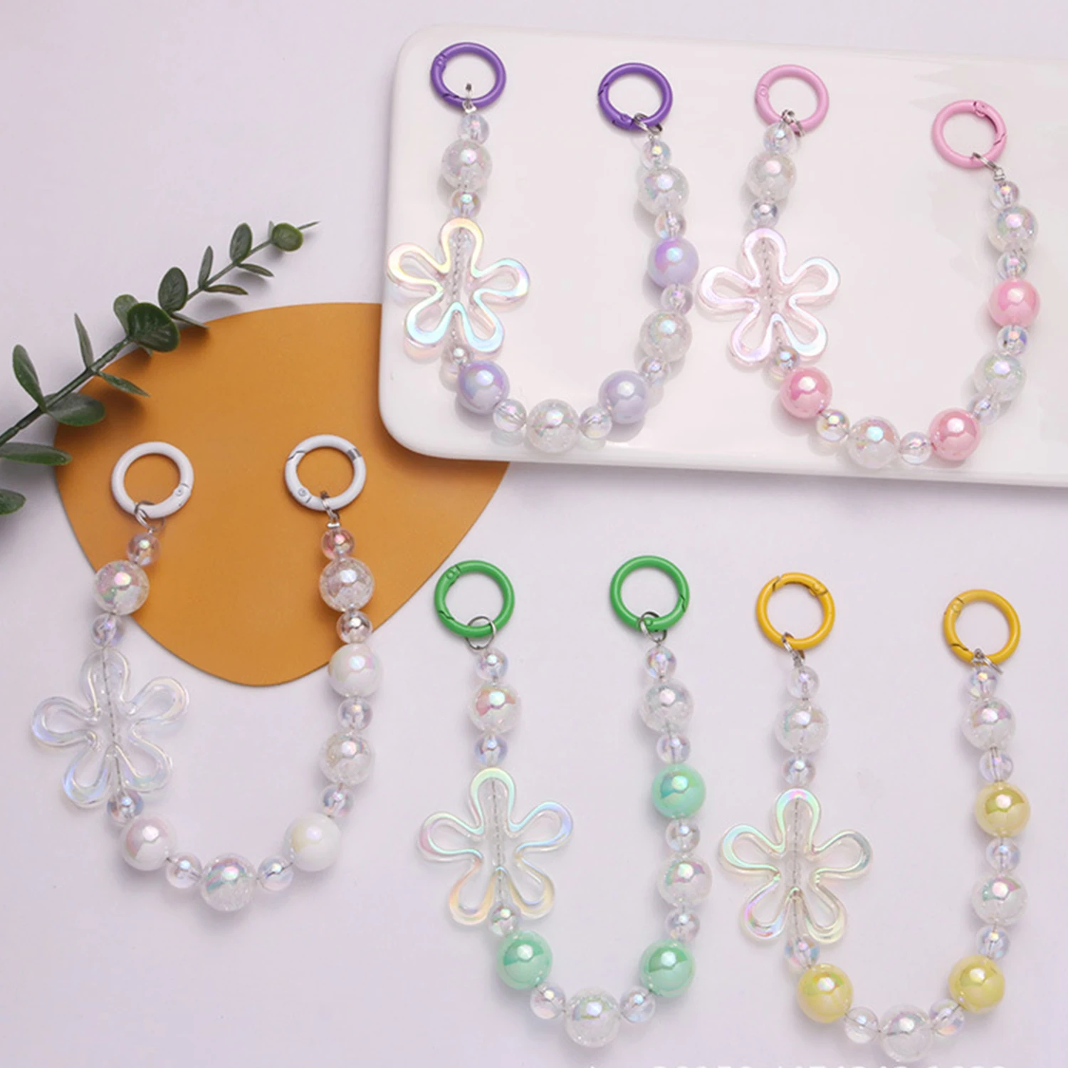 Cute Flower Keychains For Women Sweet Acrylic Colorful Beaded Keyring Bag Decoration Earphone Case Pendant Accessories