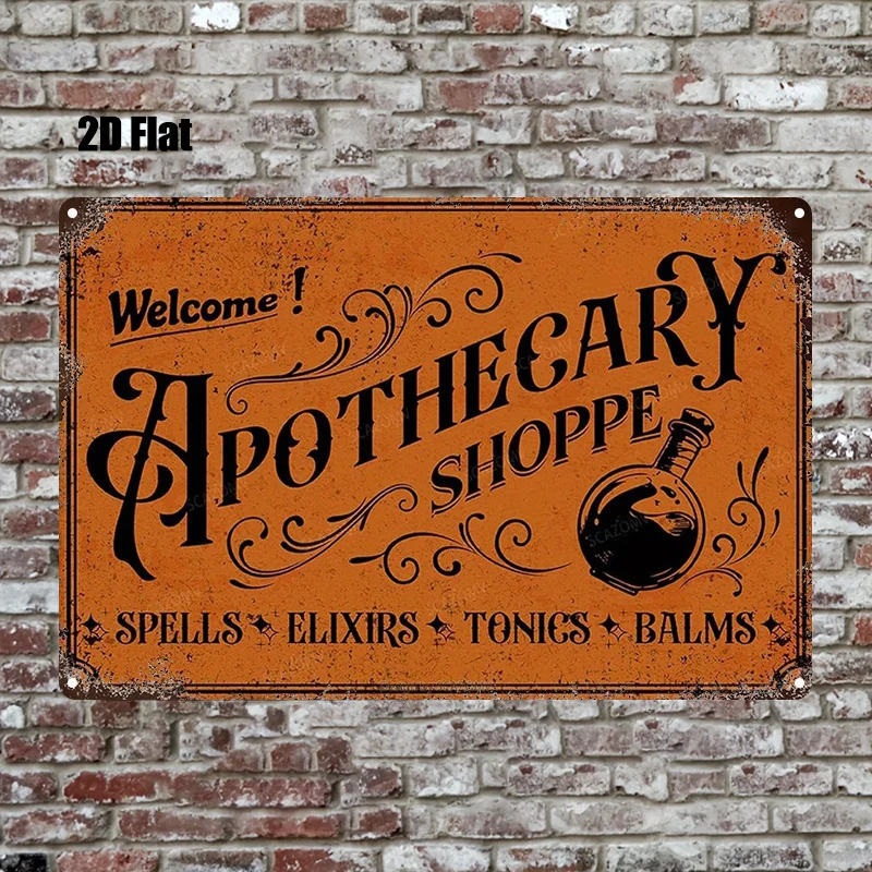 2D Flat, 1pc, Metal Sign, Vintage Pharmacy Tin Sign: Potions, Elixirs & Mixtures, Flat Printed Metal Sign, Square Metal Wall A